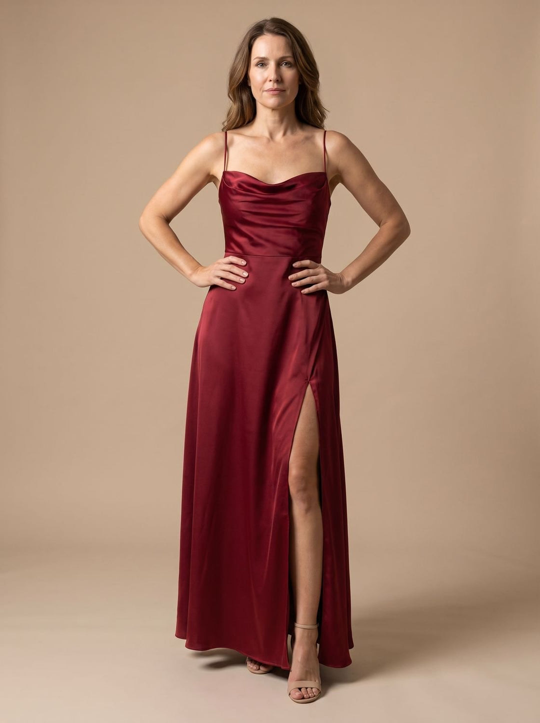 Women's Satin Cowl-Neck Sleeveless Maxi Dress High Slit - Red