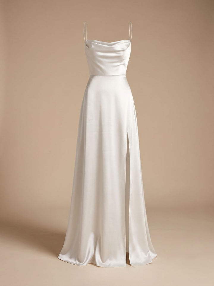 Women's Satin Cowl-Neck Sleeveless Maxi Dress High Slit - White