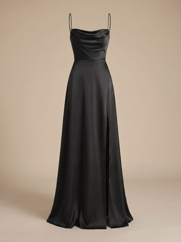 Women's Satin Cowl-Neck Sleeveless Maxi Dress High Slit - Black