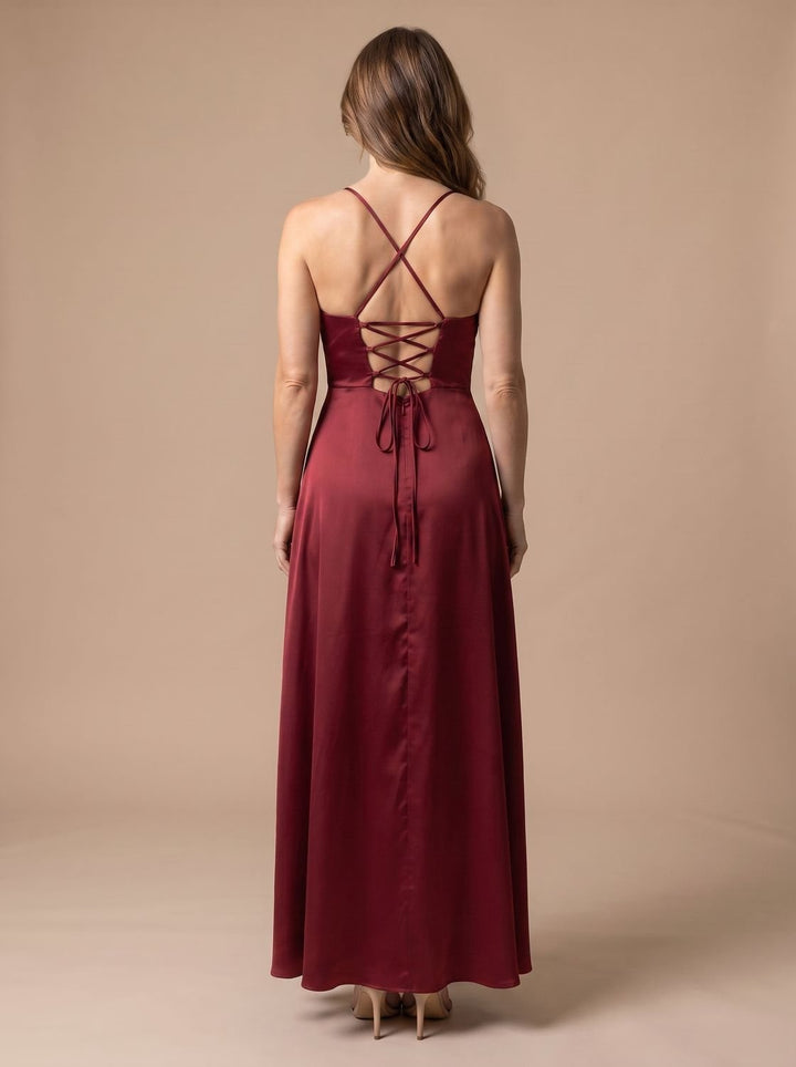 Women's Satin Cowl-Neck Sleeveless Maxi Dress High Slit