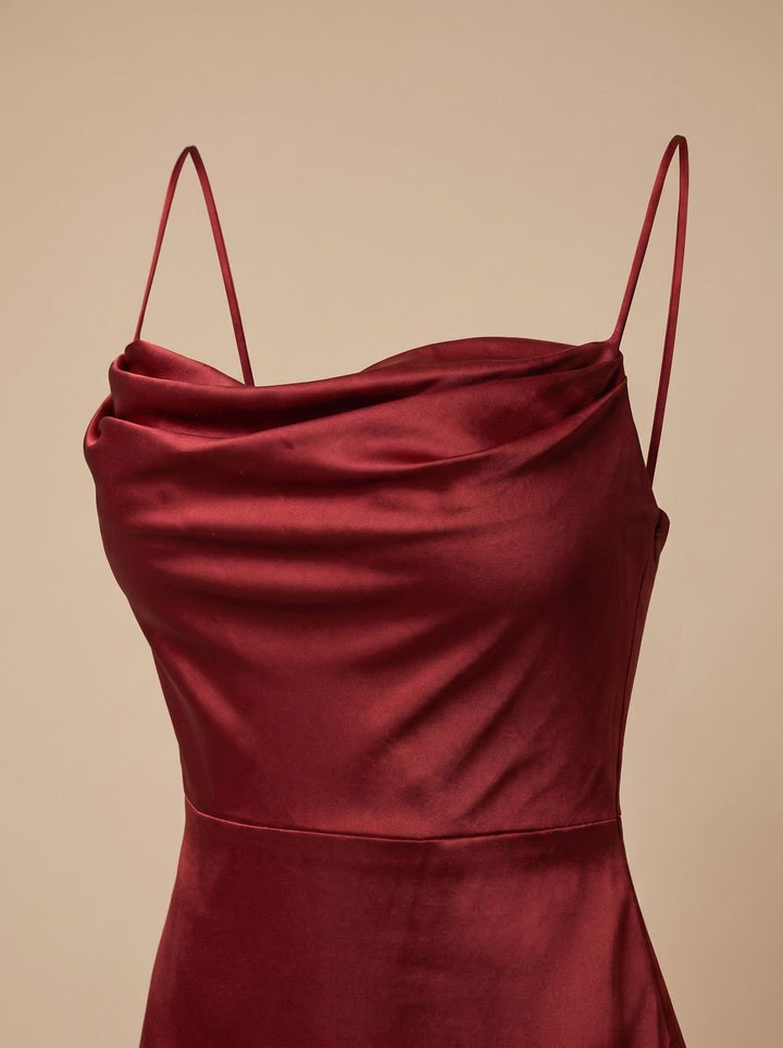 Women's Satin Cowl-Neck Sleeveless Maxi Dress High Slit