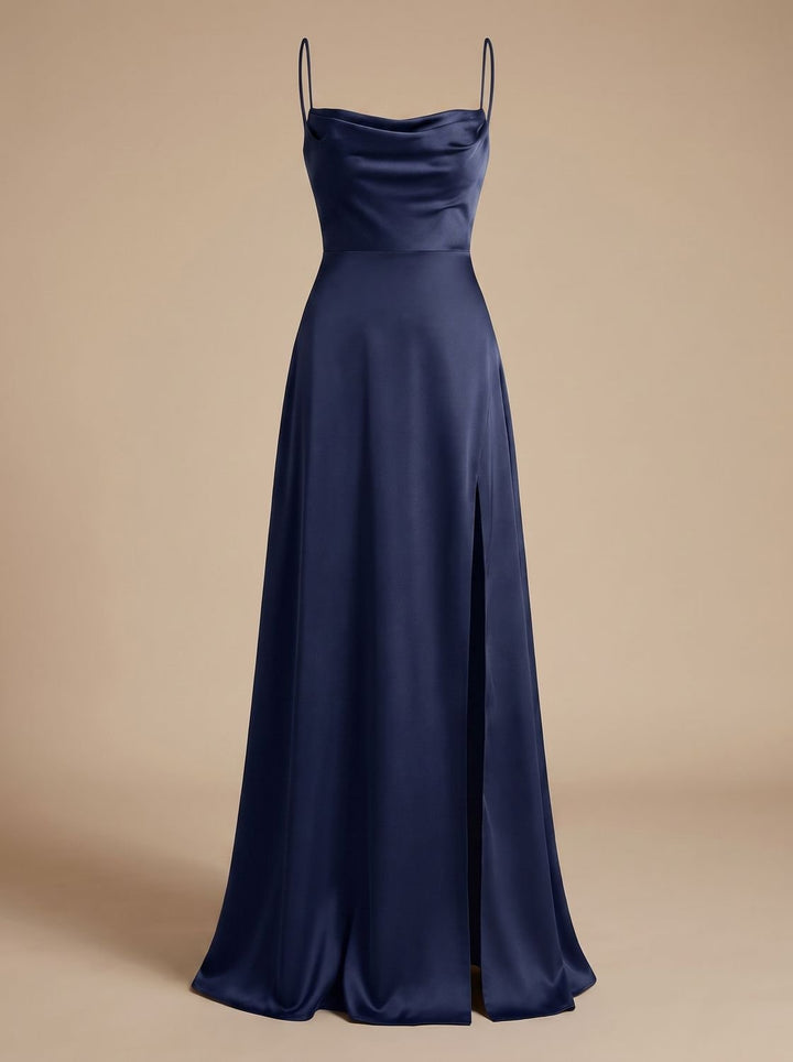 Women's Satin Cowl-Neck Sleeveless Maxi Dress High Slit - Navy Blue