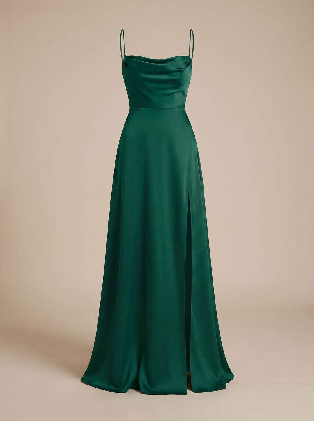 Women's Satin Cowl-Neck Sleeveless Maxi Dress High Slit - Green