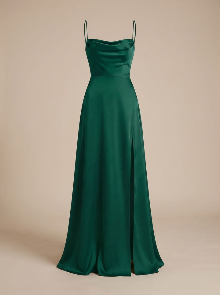 Women's Satin Cowl-Neck Sleeveless Maxi Dress High Slit - Green