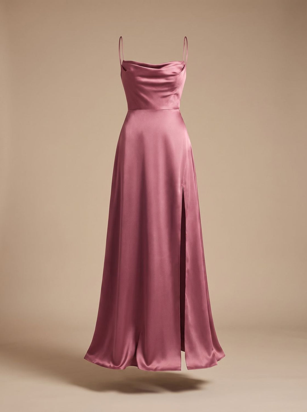 Women's Satin Cowl-Neck Sleeveless Maxi Dress High Slit - Pink
