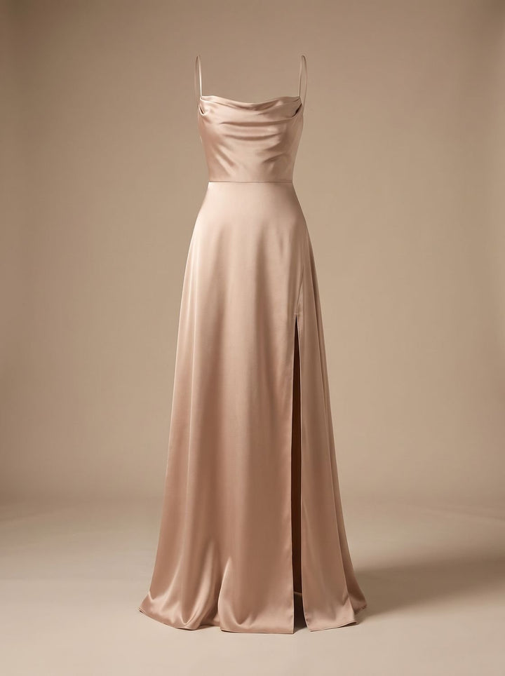 Women's Satin Cowl-Neck Sleeveless Maxi Dress High Slit - Brown