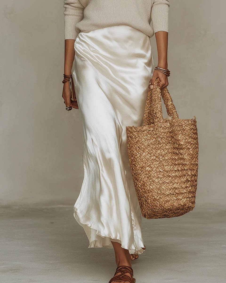 Women's Satin Midi Long Sleeve Dress Layered Knit Sweater Set