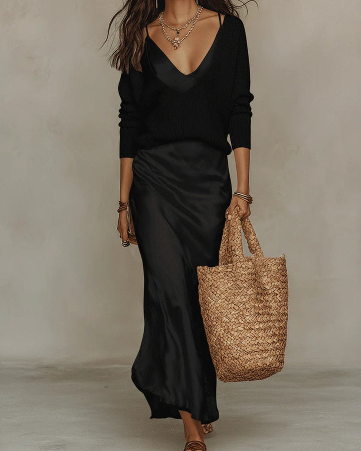 Women's Satin Midi Long Sleeve Dress Layered Knit Sweater Set - Black