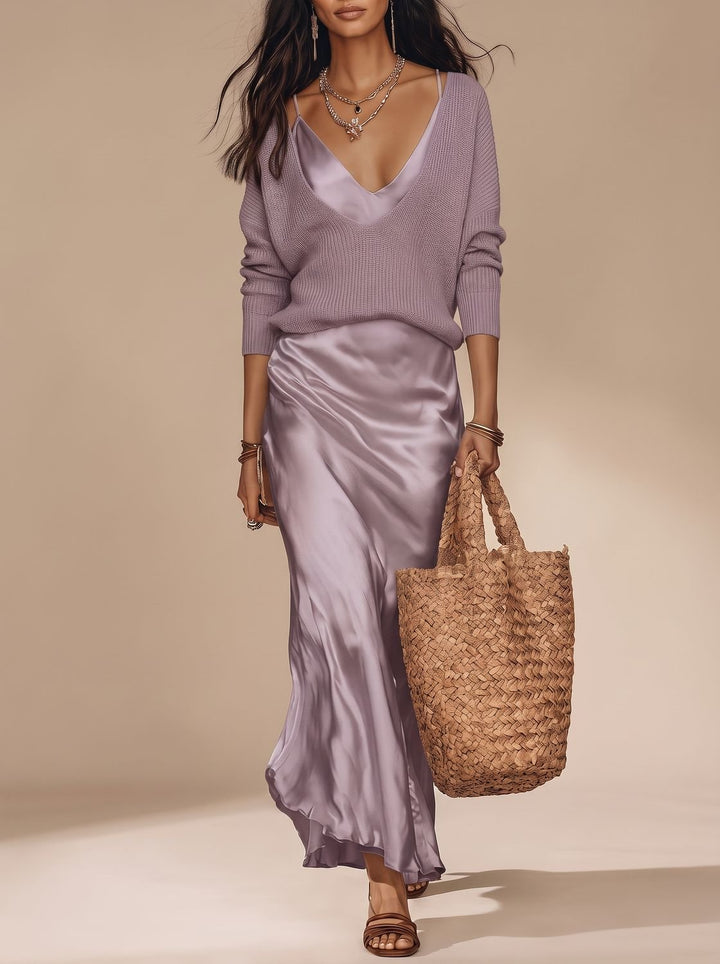 Women's Satin V-Neck Slip Maxi Dress - Purple