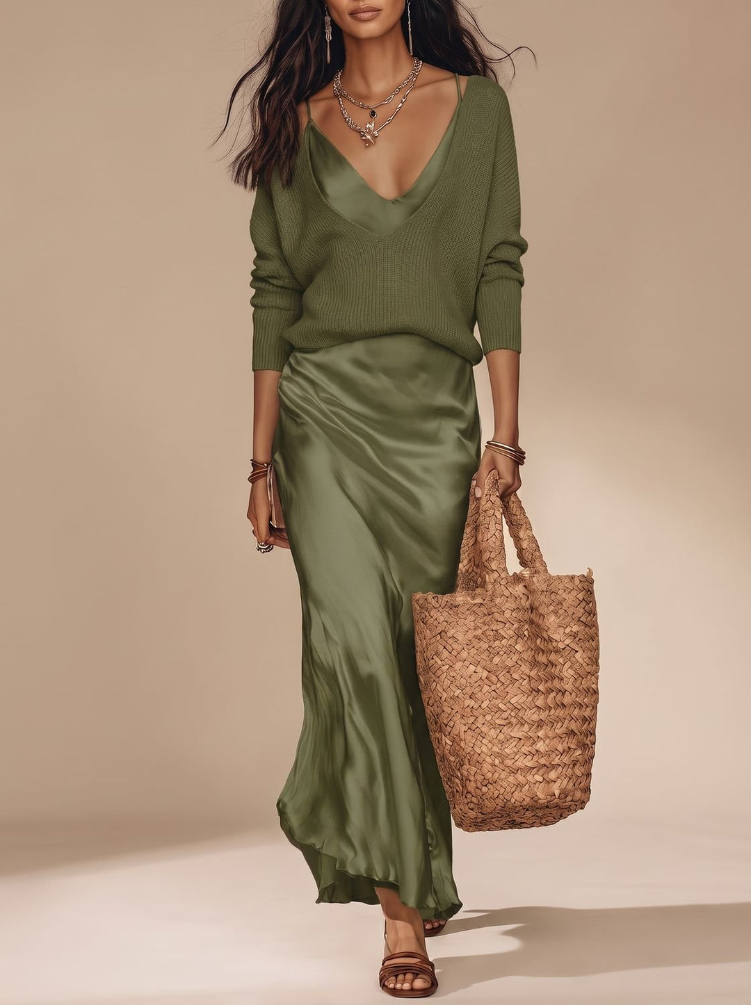 Women's Satin V-Neck Slip Maxi Dress - Olive Green