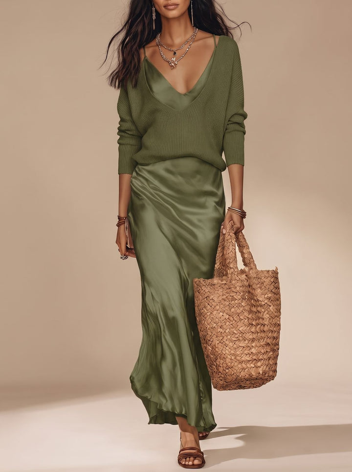 Women's Satin V-Neck Slip Maxi Dress - Olive Green