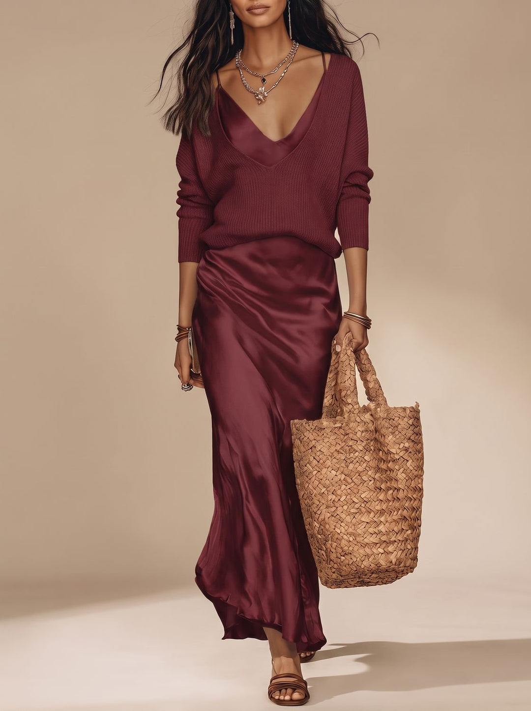 Women's Satin V-Neck Slip Maxi Dress - Red