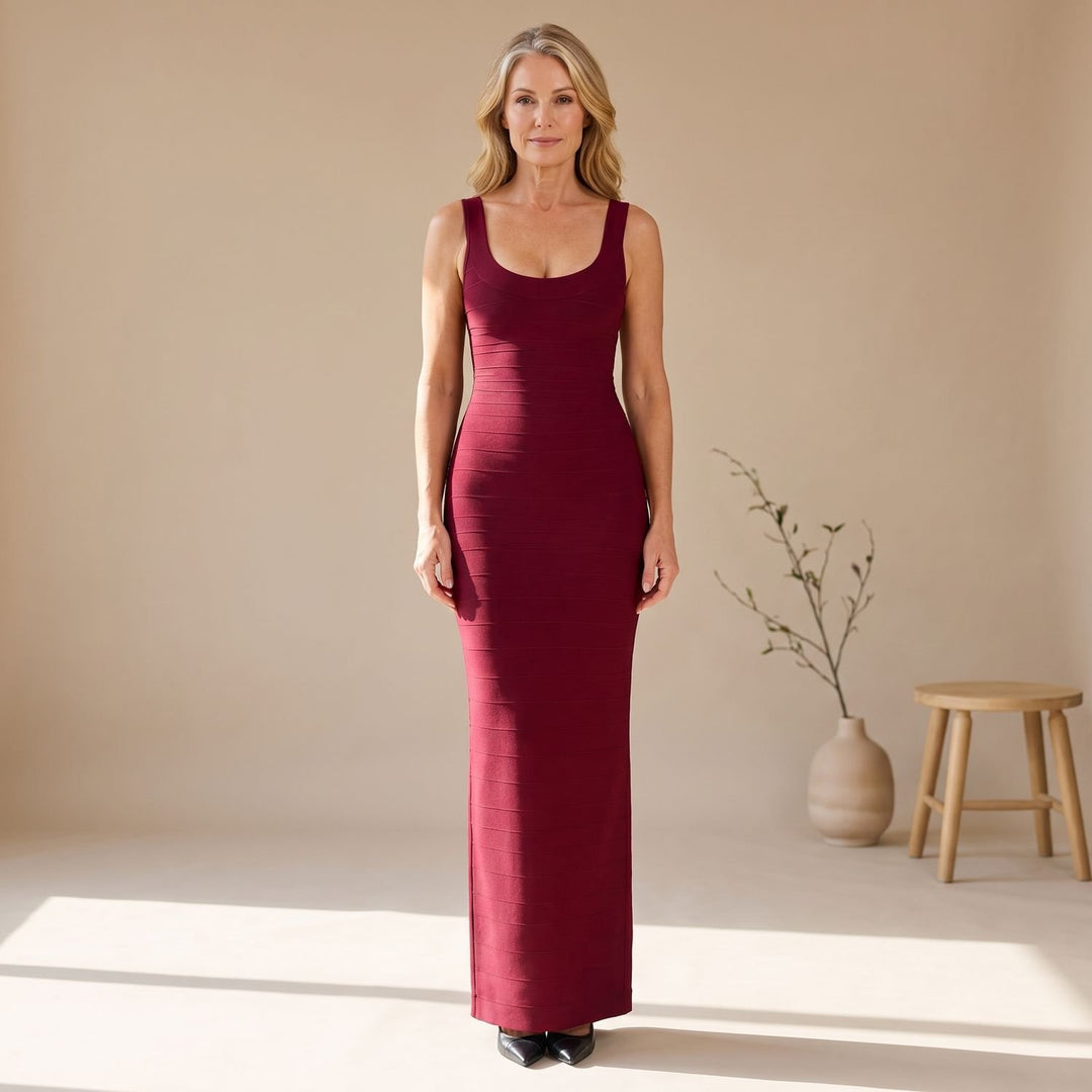 Women's Scoop-Neck Bandage Maxi Dress Figure-Sculpting Evening Gown - Burgundy