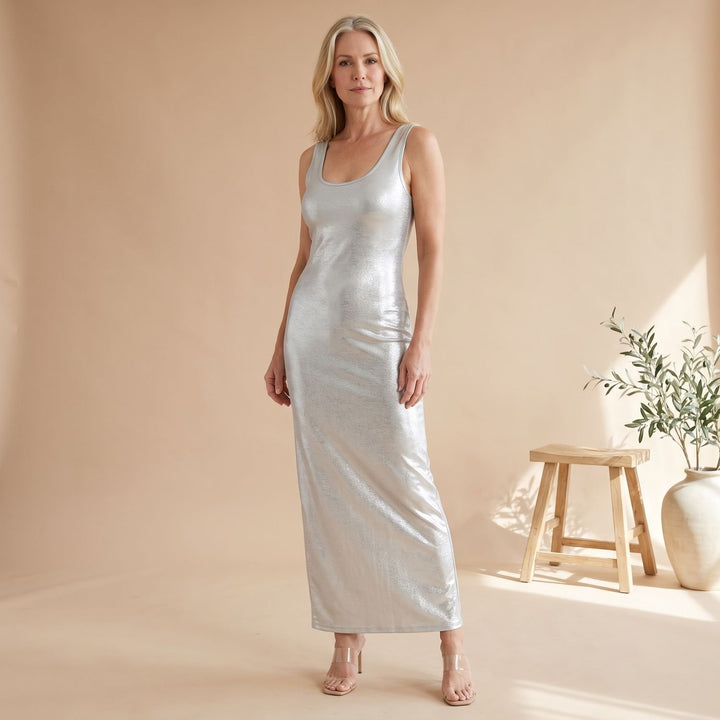 Women's Scoop-Neck Bandage Maxi Dress Figure-Sculpting Evening Gown - Silver
