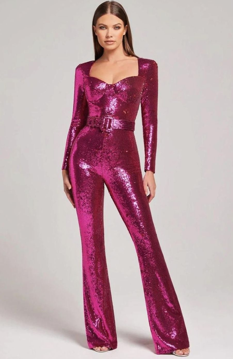 Women's Sequin Belted Wide-Leg Long-Sleeve Evening Jumpsuit - Pink
