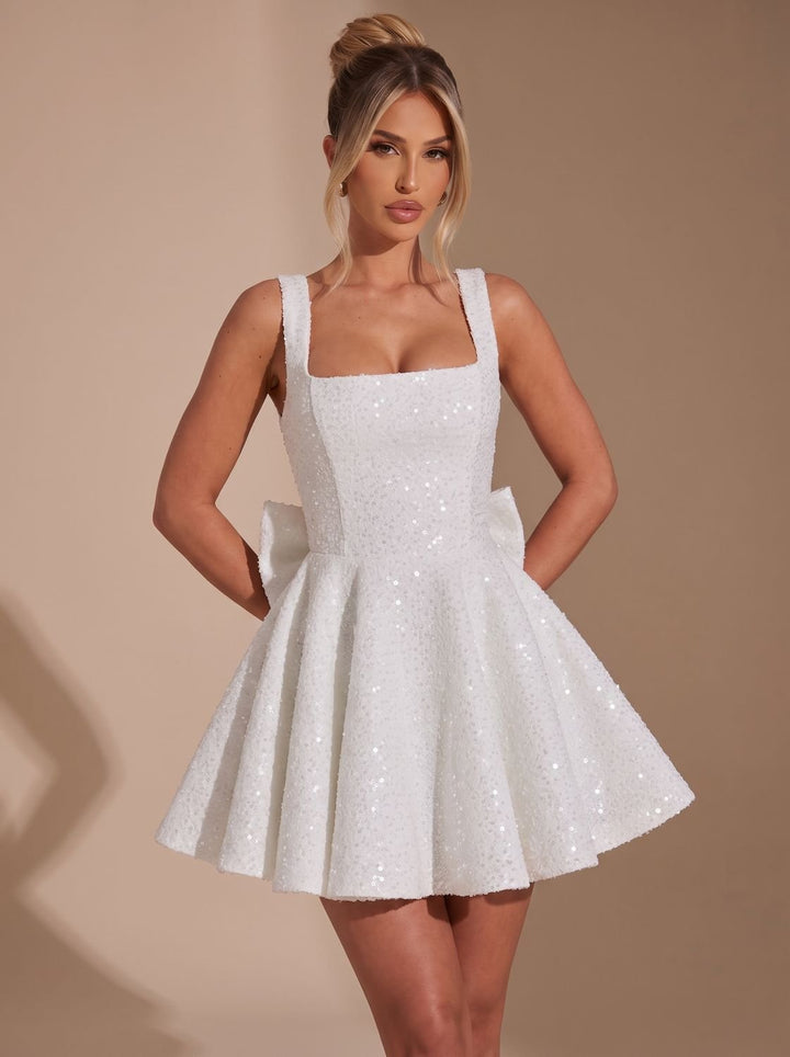 Women's Sequin Fit-and-Flare Bow Christmas Party Dress - White