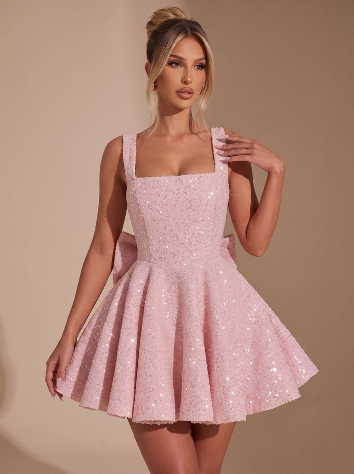 Women's Sequin Fit-and-Flare Bow Christmas Party Dress