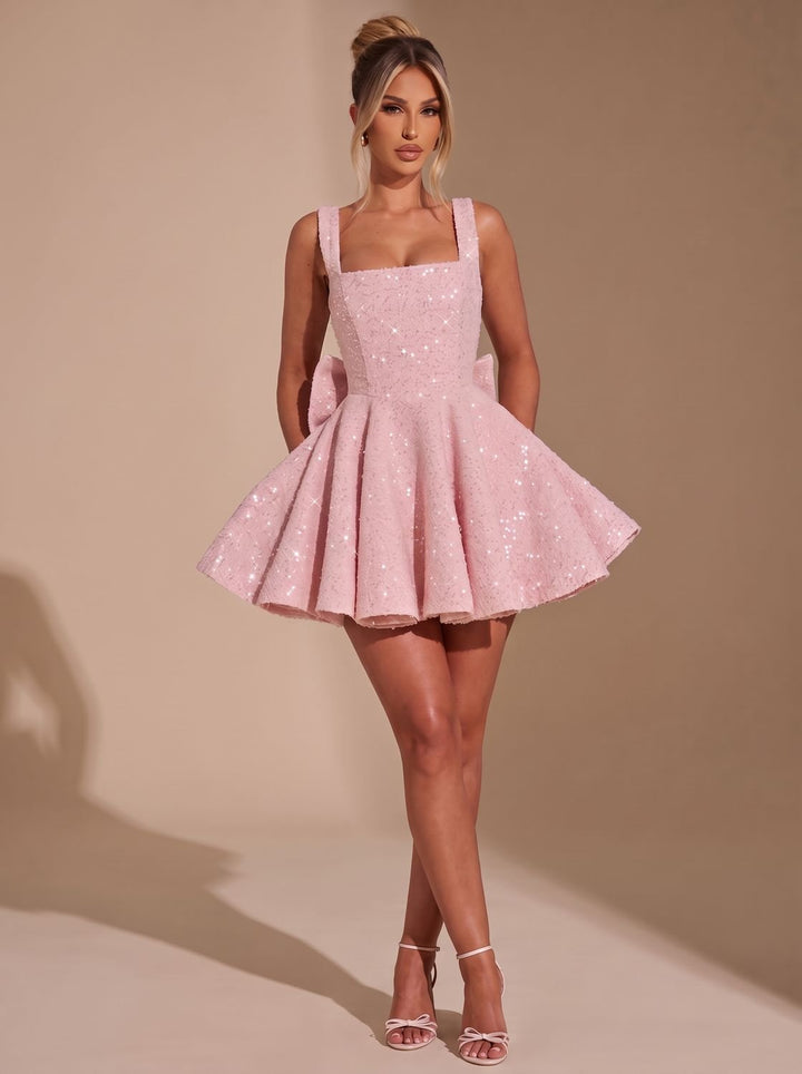 Women's Sequin Fit-and-Flare Bow Christmas Party Dress - Pink