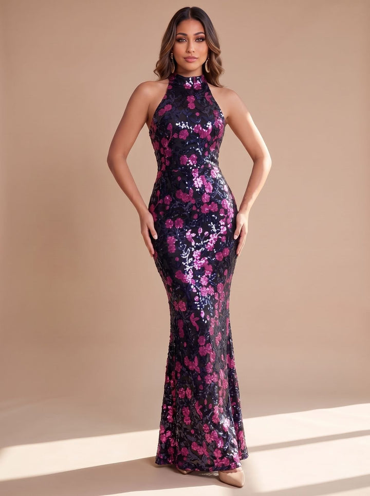 Women's Sequin Floral Mermaid Christmas Party Dress Formal Gown