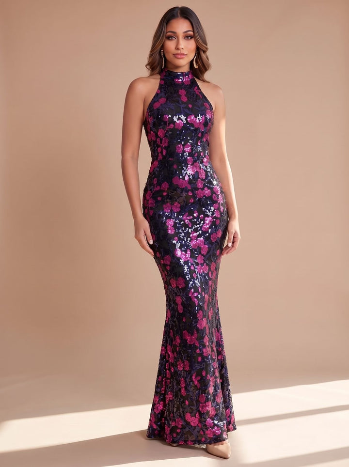 Women's Sequin Floral Mermaid Christmas Party Dress Formal Gown - Purple