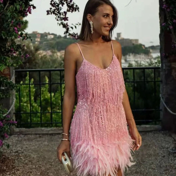 Women's Sequin Fringe Feather Spaghetti-Strap Cocktail Dress - Light Pink