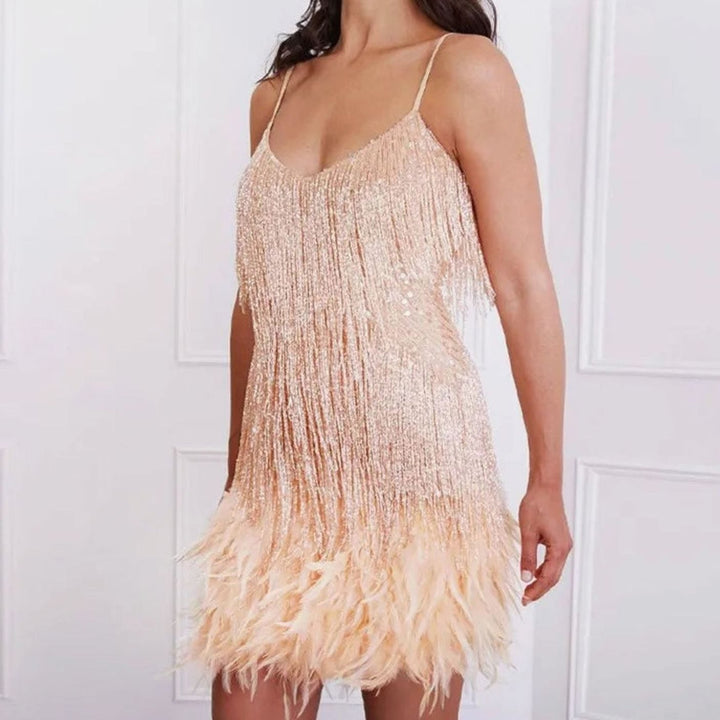 Women's Sequin Fringe Feather Spaghetti-Strap Cocktail Dress - Beige