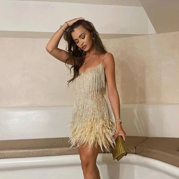 Women's Sequin Fringe Feather-Trim Mini Cocktail Dress - Gold