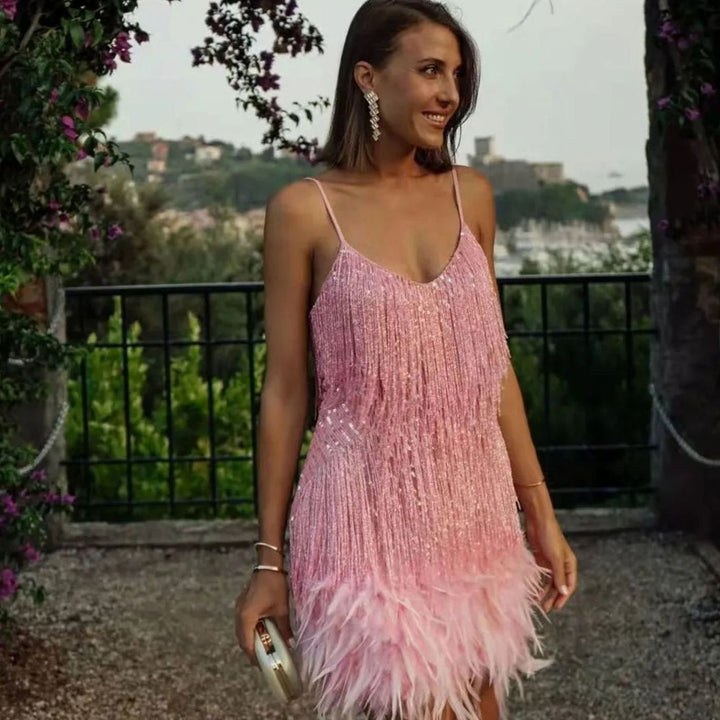 Women's Sequin Fringe Feather Trim Slip Cocktail Dress - Light Pink