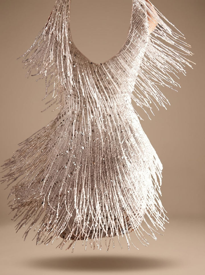 Women's Sequin Fringe V-Neck Fitted Christmas Party Mini Dress