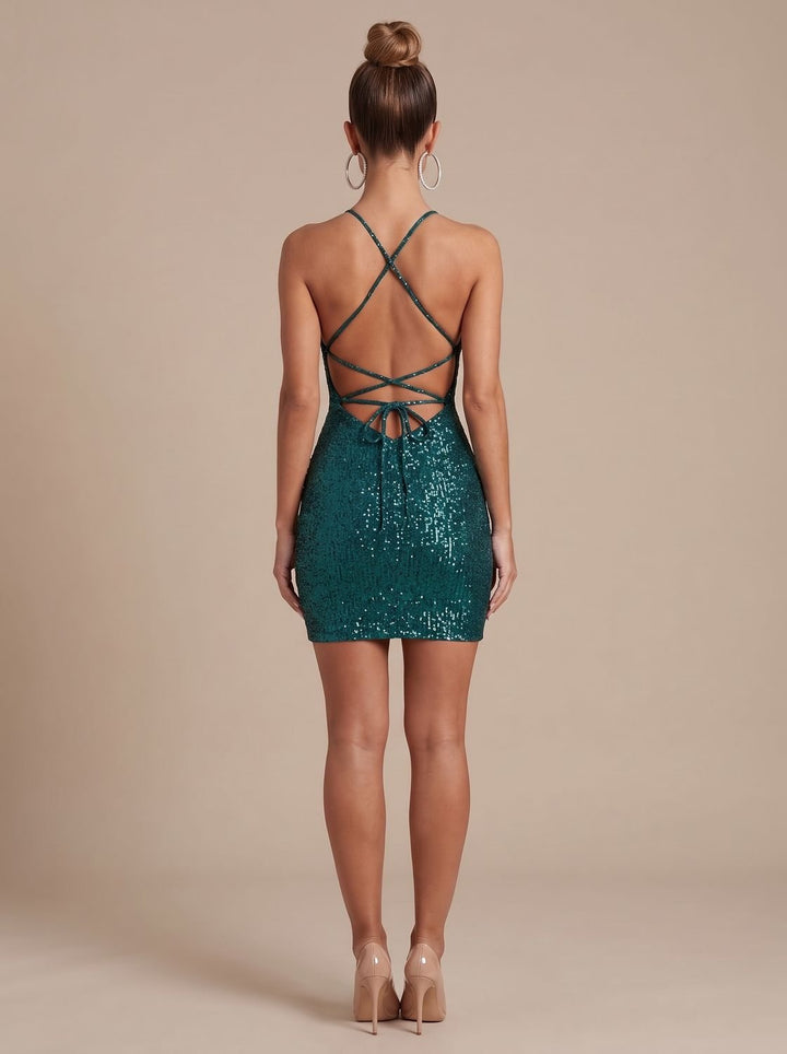 Women's Sequin Halter Bodycon Deep V-Neck Christmas Party Mini Dress