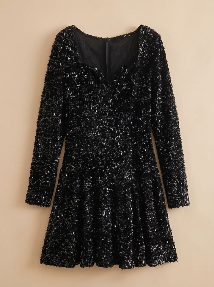 Women's Sequin Long-Sleeve Sweetheart Mini Christmas Party Dress