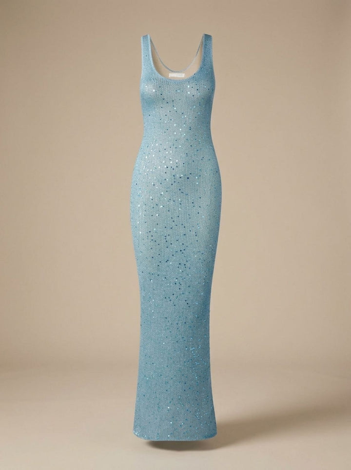 Women's Sequin Maxi Dress Scoop-Neck Sleeveless Fitted Long Dress