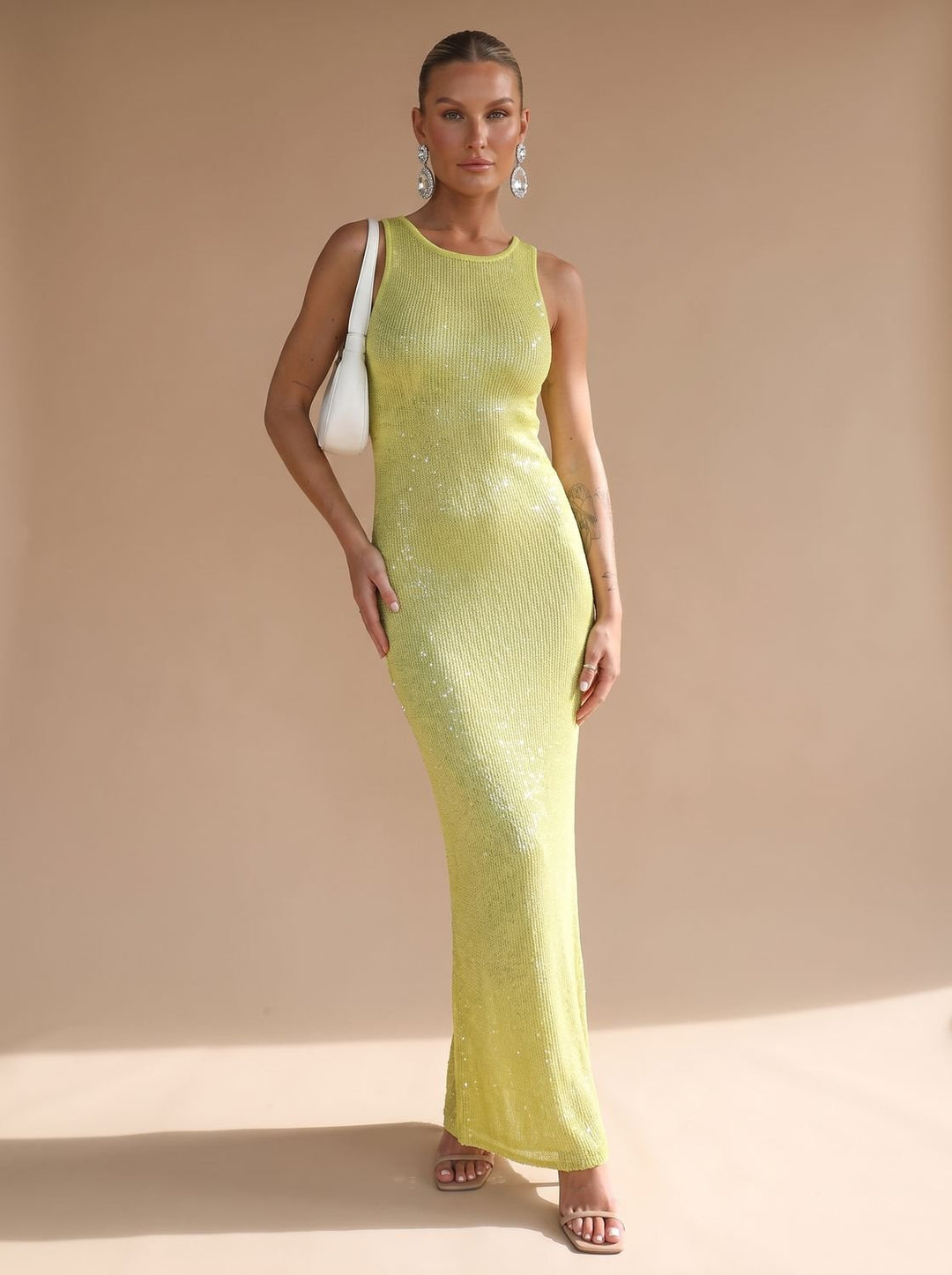 Women's Sequin Maxi Dress Scoop-Neck Sleeveless Fitted Long Dress - Yellow