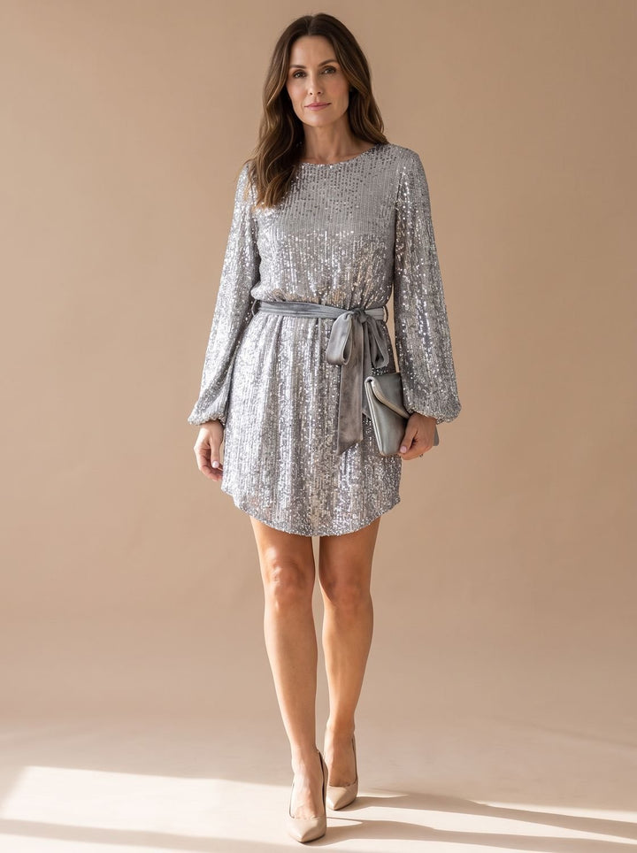 Women's Sequin Mini Christmas Party Dress Balloon Sleeves Belted - Gray