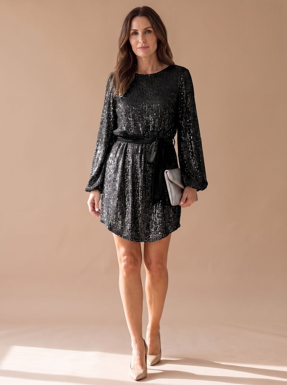 Women's Sequin Mini Christmas Party Dress Balloon Sleeves Belted - Black