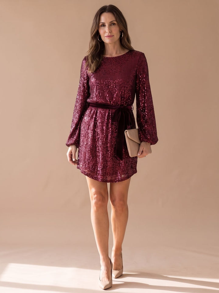 Women's Sequin Mini Christmas Party Dress Balloon Sleeves Belted - Red