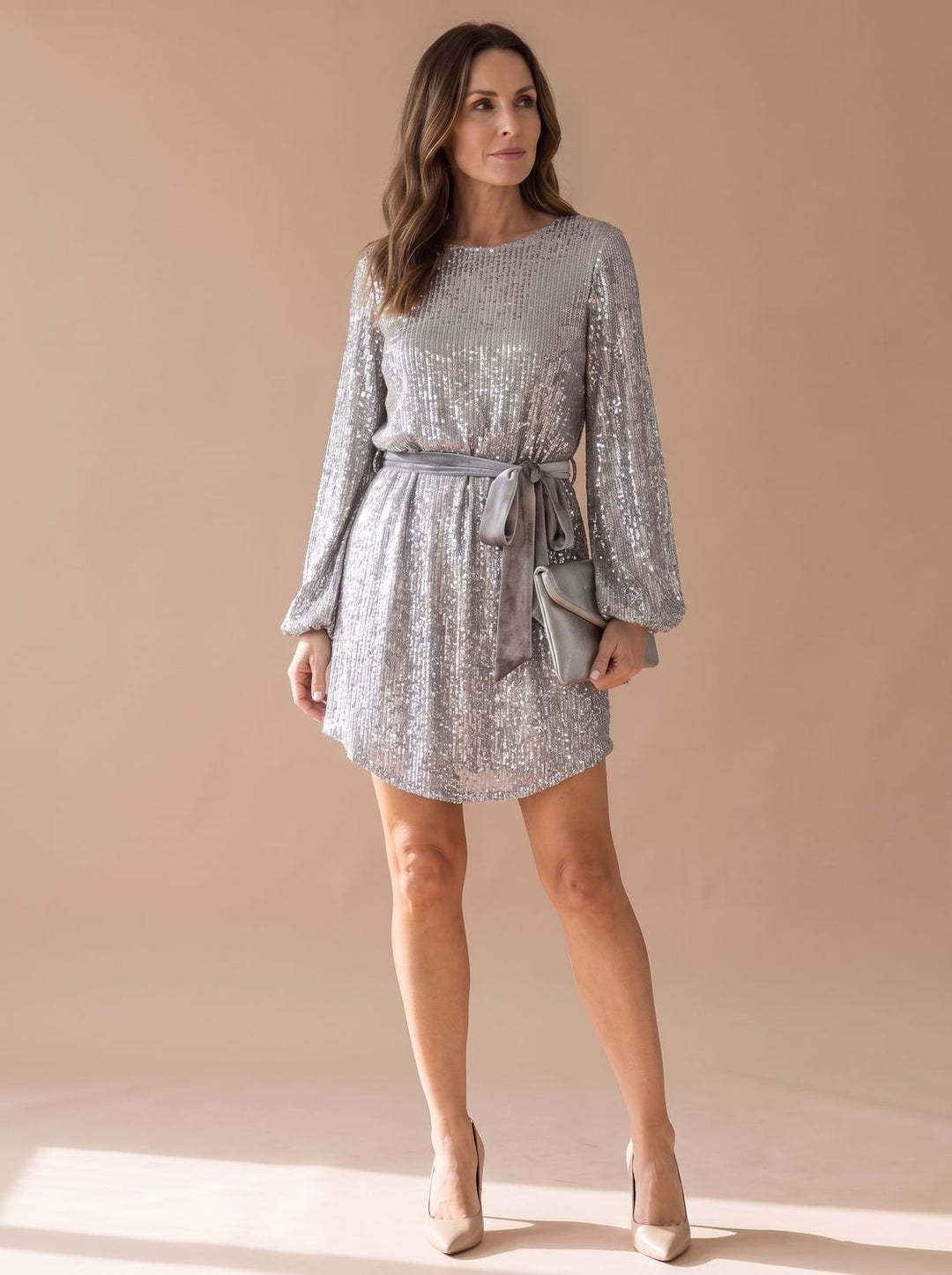 Women's Sequin Mini Christmas Party Dress Balloon Sleeves Belted - White