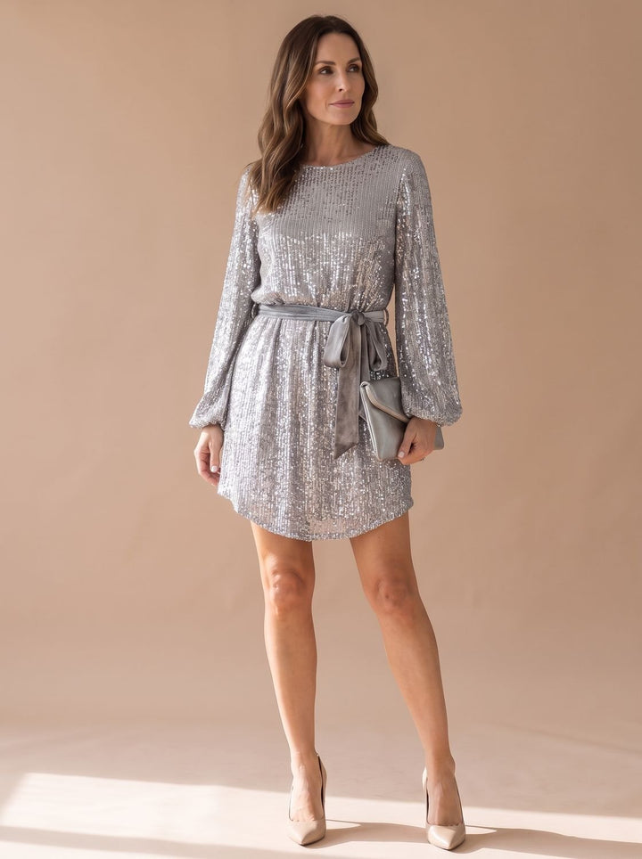 Women's Sequin Mini Christmas Party Dress Balloon Sleeves Belted - White