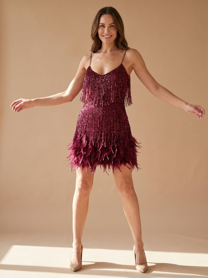 Women's Sequin Mini Dress Spaghetti-Strap Feather Fringe Party - Wine Red