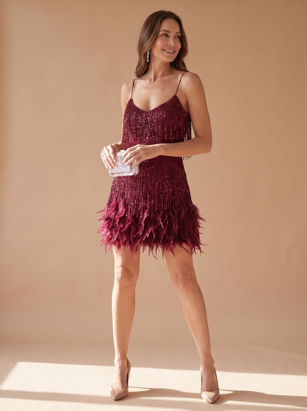 Women's Sequin Mini Dress Spaghetti-Strap Feather Fringe Party - Red