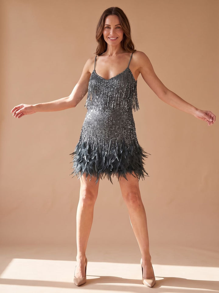 Women's Sequin Mini Dress Spaghetti-Strap Feather Fringe Party - Black