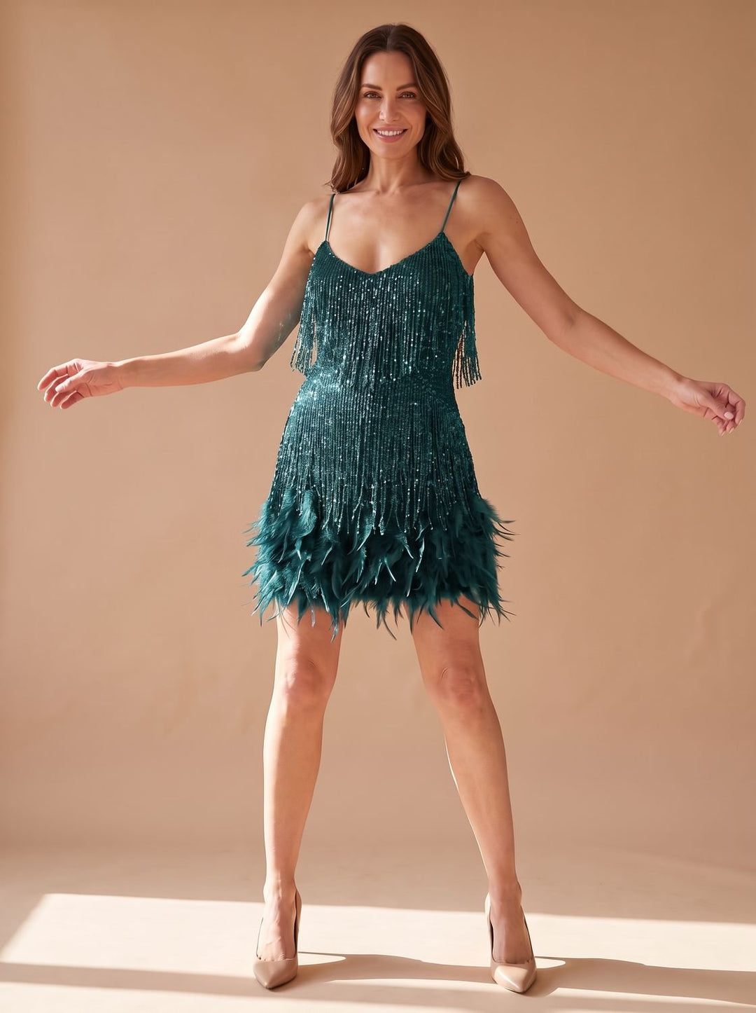 Women's Sequin Mini Dress Spaghetti-Strap Feather Fringe Party - Peacock Blue