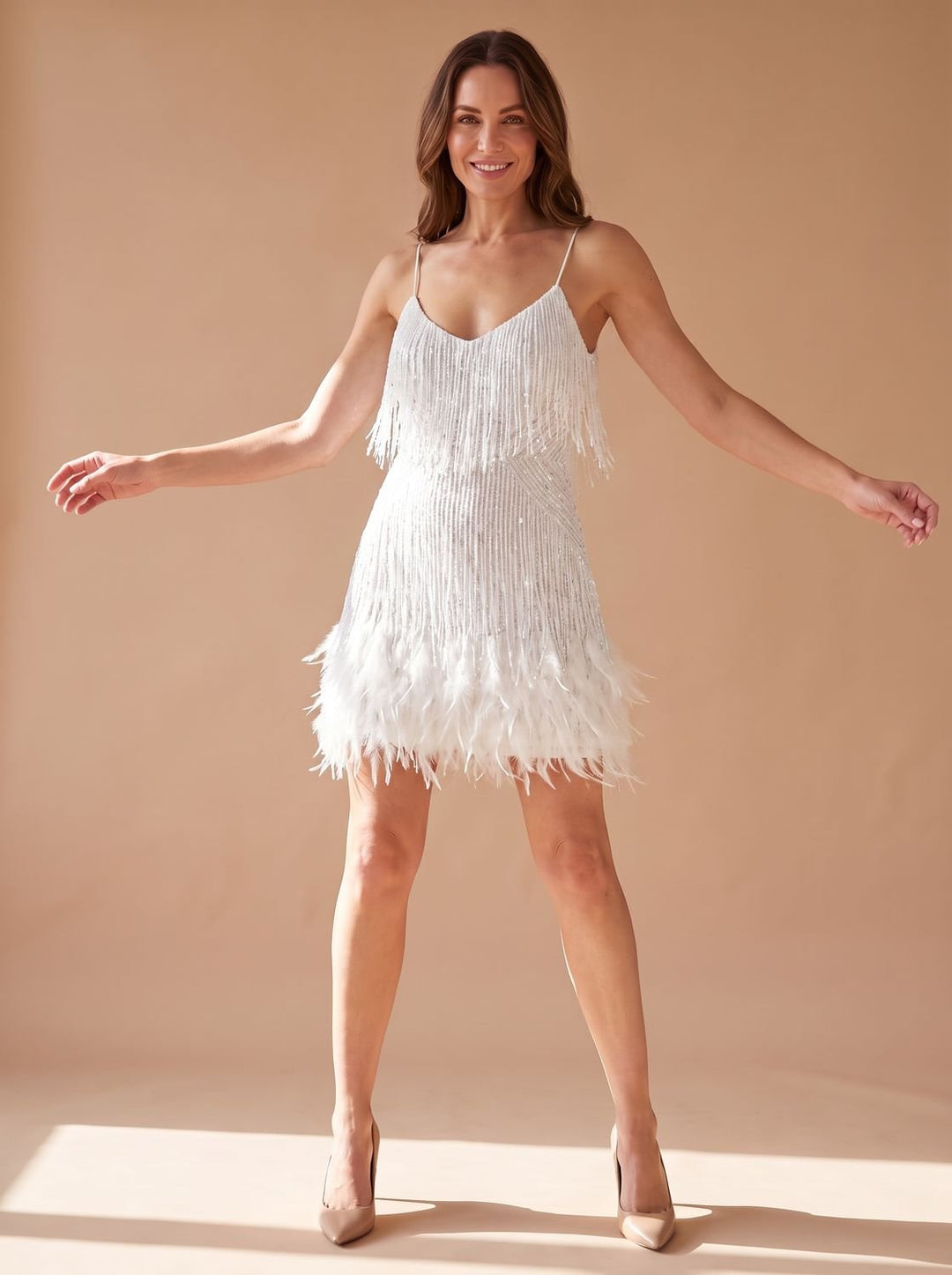 Women's Sequin Mini Dress Spaghetti-Strap Feather Fringe Party - White