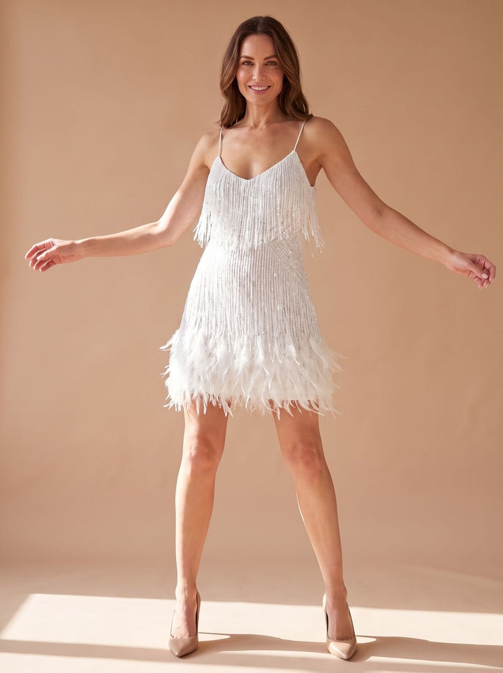 Women's Sequin Mini Dress Spaghetti-Strap Feather Fringe Party - White