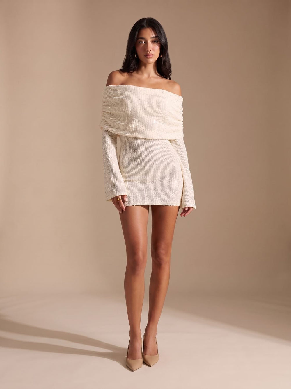 Women's Sequin Off-Shoulder Long Sleeve Bodycon Mini Dress