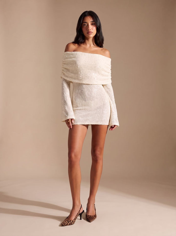 Women's Sequin Off-Shoulder Long Sleeve Bodycon Mini Dress - White