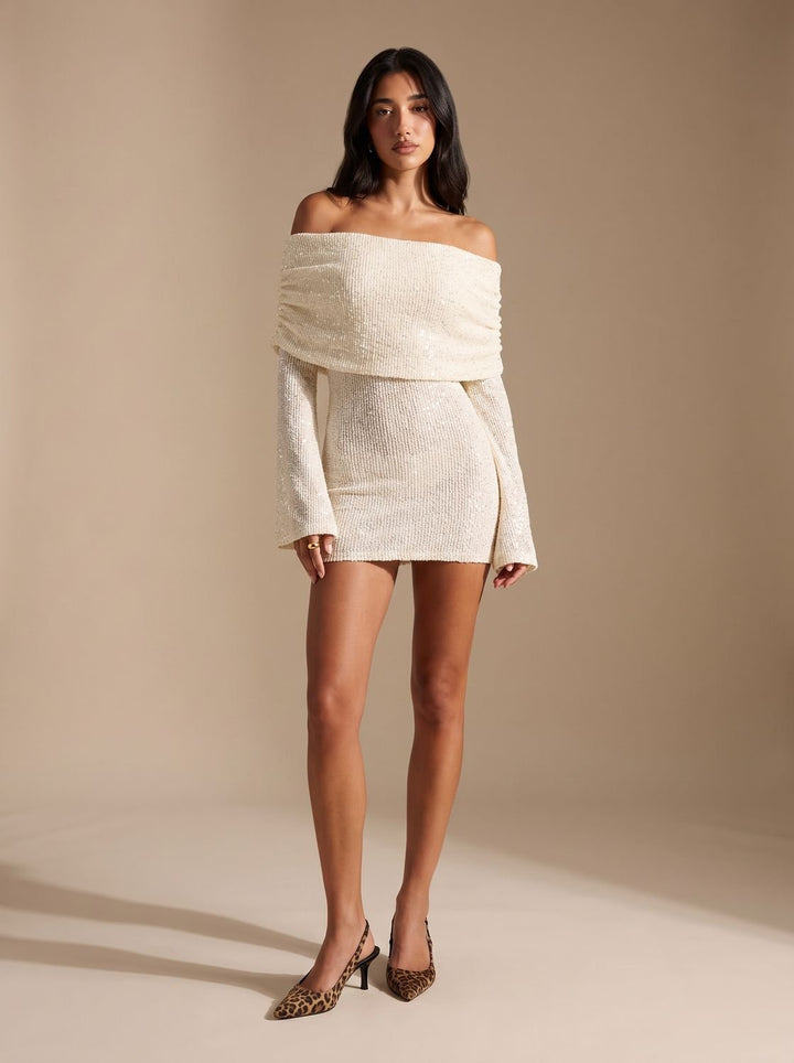 Women's Sequin Off-Shoulder Long Sleeve Bodycon Mini Dress