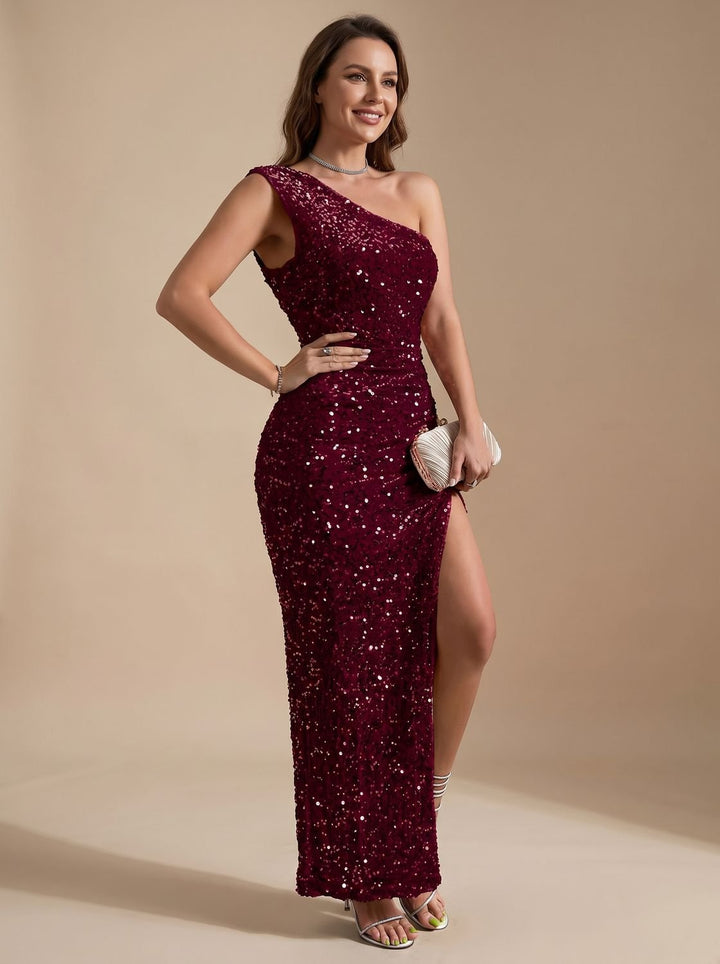 Women's Sequin One-Shoulder High-Slit Christmas Party Maxi Dress - Burgundy
