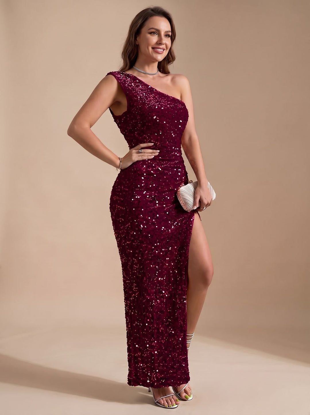 Women's Sequin One-Shoulder High-Slit Christmas Party Maxi Dress - Red