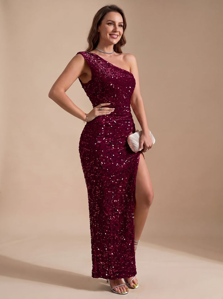 Women's Sequin One-Shoulder High-Slit Christmas Party Maxi Dress - Red